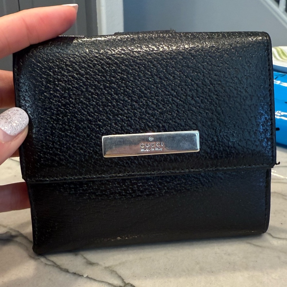 Gucci Black Compact Bifold Leather Wallet Silver Hardware